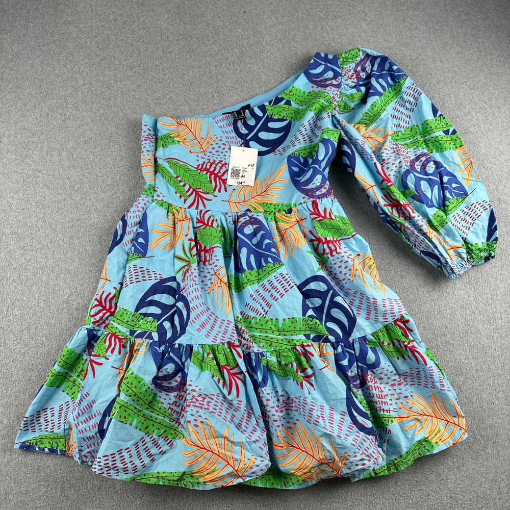 Forever 21 Mini Dress Womens M Blue Tropical Palm Leaf One Shoulder NEW